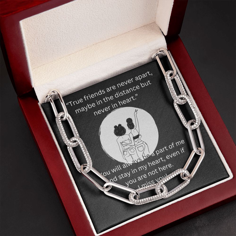 True Friends are never apart... Forever Linked Necklace- Silver Moon Background