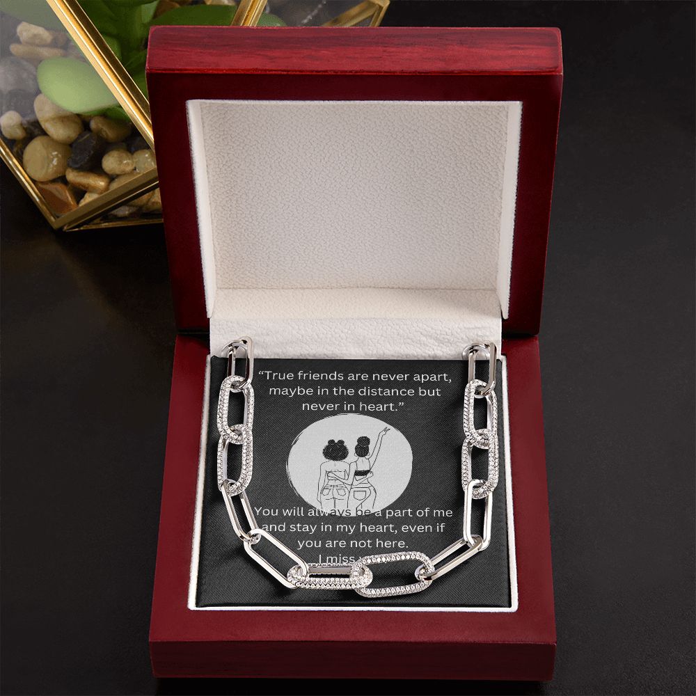 True Friends are never apart... Forever Linked Necklace- Silver Moon Background