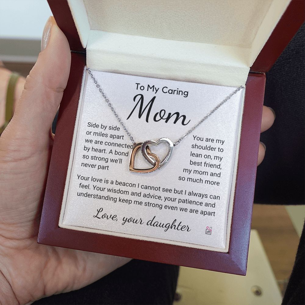 To Mom, from Daughter - Connected By Heart - Interlocking Hearts Necklace